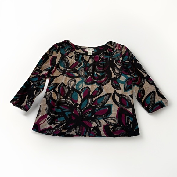 Laura Ashley Women's Petites Top Size Medium Gray Floral 3/4 Sleeve Layered - Picture 1 of 6